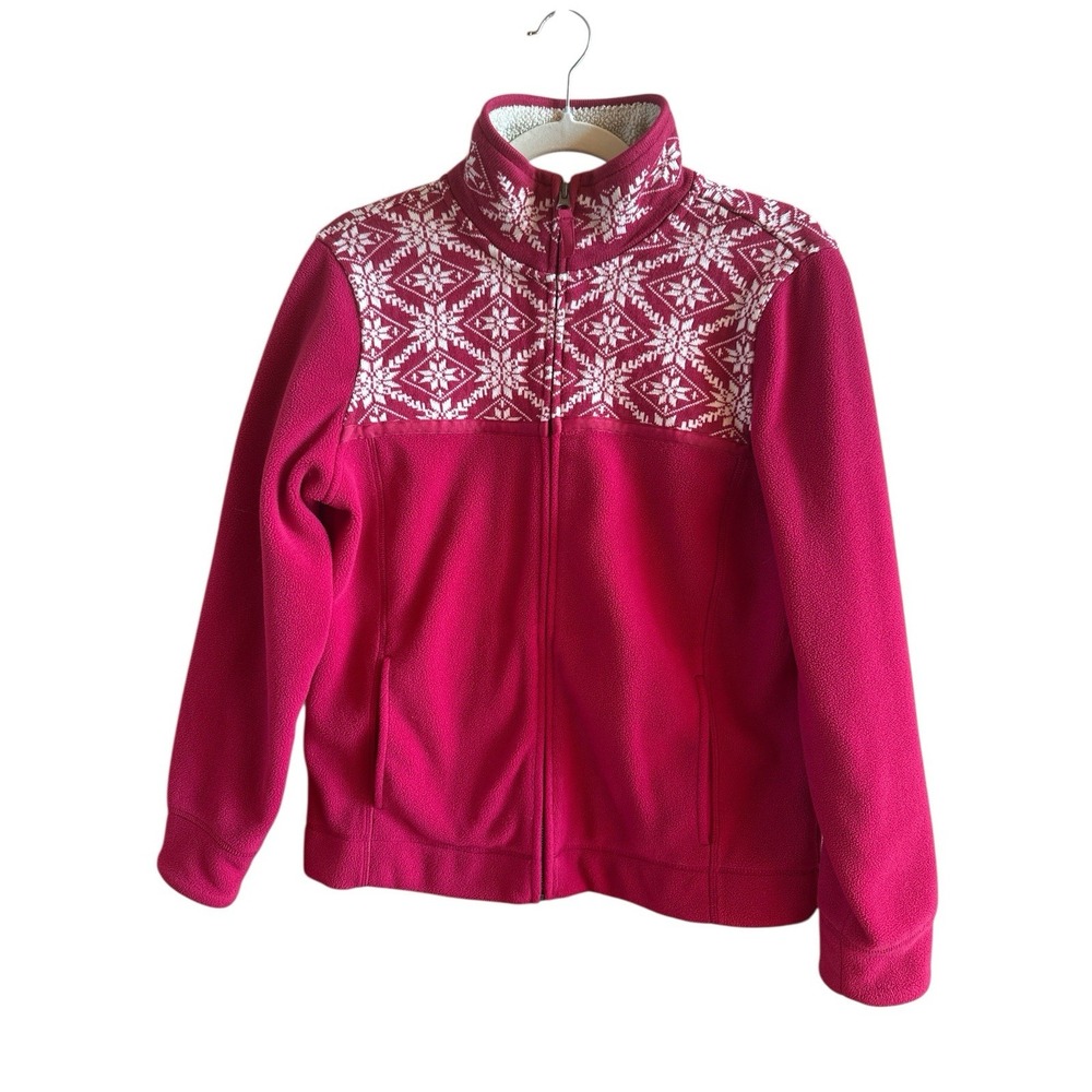 LL Bean Pink Fair Isle‎ Woman's Size Small Full Zip Fleece Jacket Nordic Pockets